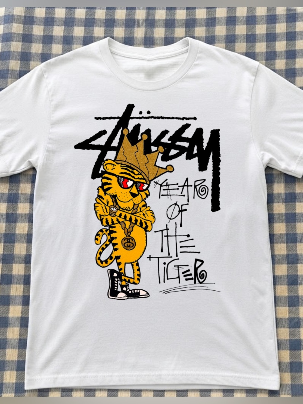 Gildan White Stussy Tee with Yellow Tiger Crown Graphic T-Shirt, Casual Style